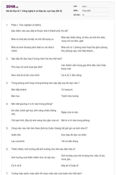 Đề thi Học kì 1 Công nghệ 6 có đáp án, cực hay (Đề 4)