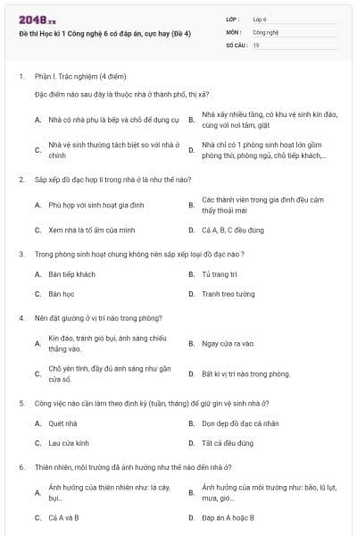 Đề thi Học kì 1 Công nghệ 6 có đáp án, cực hay (Đề 4)
