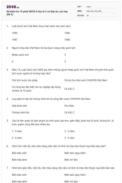 Đề kiểm tra 15 phút GDCD 6 Học kì 2 có đáp án, cực hay (Đề 2)