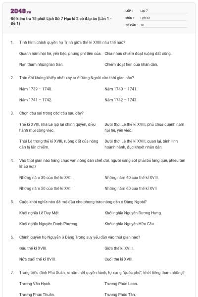 Đề kiểm tra 15 phút Lịch Sử 7 Học kì 2 có đáp án (Lần 1 - Đề 1)