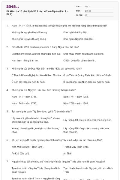 Đề kiểm tra 15 phút Lịch Sử 7 Học kì 2 có đáp án (Lần 1 - Đề 2)