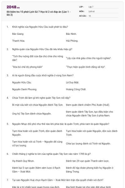 Đề kiểm tra 15 phút Lịch Sử 7 Học kì 2 có đáp án (Lần 1 - Đề 3)