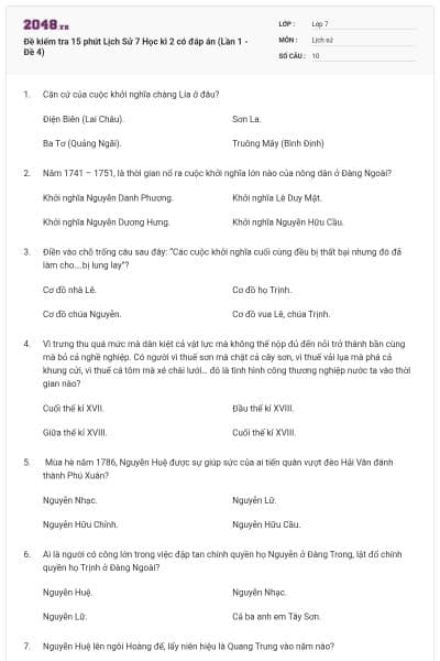 Đề kiểm tra 15 phút Lịch Sử 7 Học kì 2 có đáp án (Lần 1 - Đề 4)