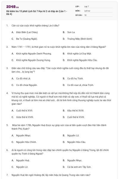 Đề kiểm tra 15 phút Lịch Sử 7 Học kì 2 có đáp án (Lần 1 - Đề 4)