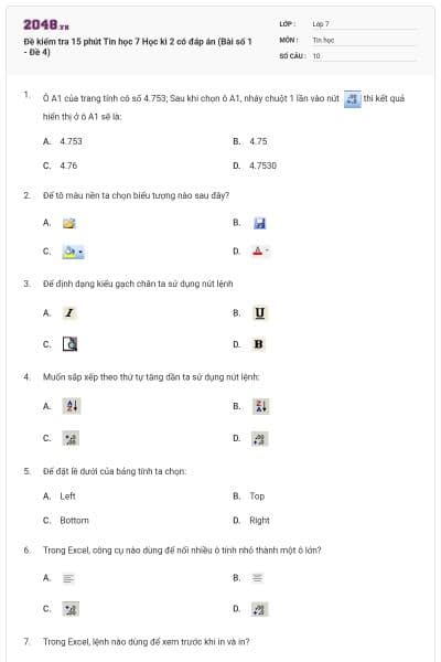 Đề kiểm tra 15 phút Tin học 7 Học kì 2 có đáp án (Bài số 1 - Đề 4)