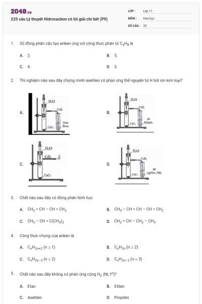 225 câu Lý thuyết Hidrocacbon có lời giải chi tiết (P9)