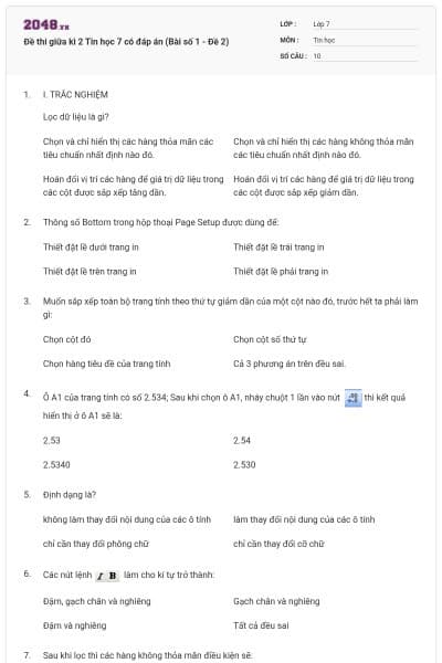 Đề thi giữa kì 2 Tin học 7 có đáp án (Bài số 1 - Đề 2)