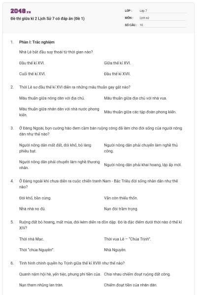 Đề thi giữa kì 2 Lịch Sử 7 có đáp án (Đề 1)