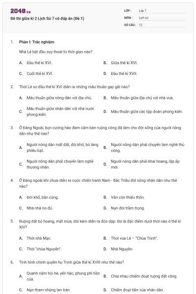 Đề thi giữa kì 2 Lịch Sử 7 có đáp án (Đề 1)
