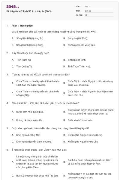 Đề thi giữa kì 2 Lịch Sử 7 có đáp án (Đề 3)