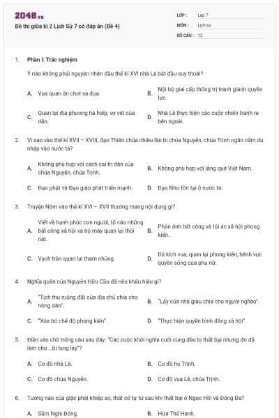 Đề thi giữa kì 2 Lịch Sử 7 có đáp án (Đề 4)