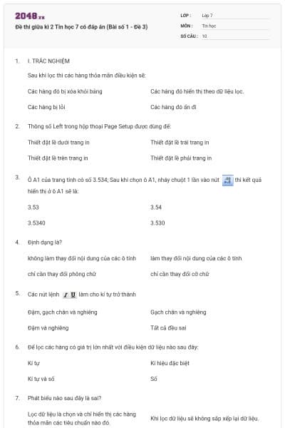 Đề thi giữa kì 2 Tin học 7 có đáp án (Bài số 1 - Đề 3)