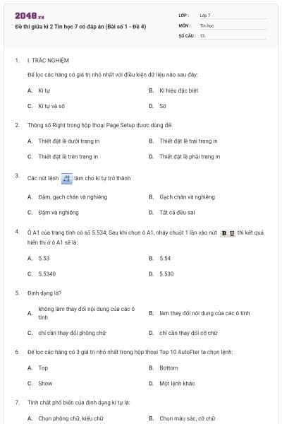 Đề thi giữa kì 2 Tin học 7 có đáp án (Bài số 1 - Đề 4)