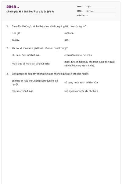 Đề thi giữa kì 1 Sinh học 7 có đáp án (Đề 3)