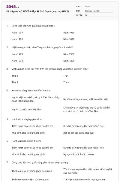 Đề thi giữa kì 2 GDCD 6 Học kì 2 có đáp án, cực hay (Đề 2)