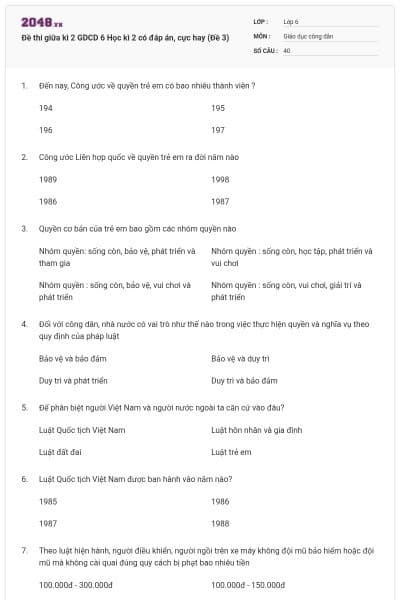 Đề thi giữa kì 2 GDCD 6 Học kì 2 có đáp án, cực hay (Đề 3)