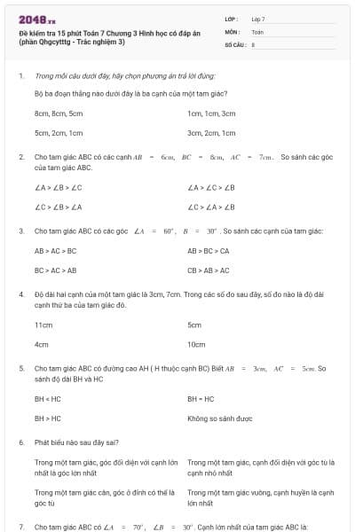 Đề kiểm tra 15 phút Toán 7 Chương 3 Hình học có đáp án (phần Qhgcytttg - Trắc nghiệm 3)