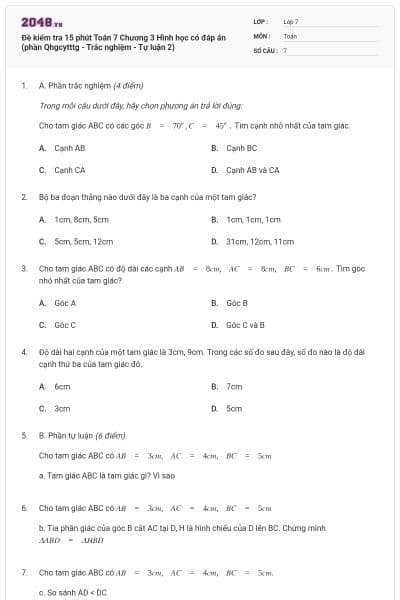 Đề kiểm tra 15 phút Toán 7 Chương 3 Hình học có đáp án (phần Qhgcytttg - Trắc nghiệm - Tự luận 2)