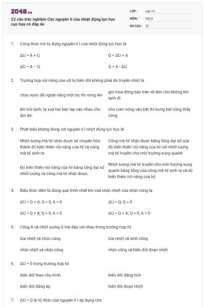 22 câu trắc nghiệm Các nguyên lí của nhiệt động lực học cực hay có đáp án