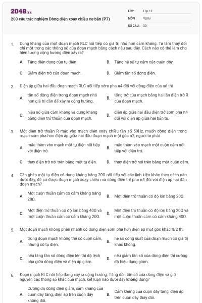 200 câu trắc nghiệm Dòng điện xoay chiều cơ bản (P7)