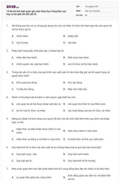 19 Đề thi thử thpt quốc gia môn Giáo Dục Công Dân cực hay có lời giải chi tiết (đề 9)