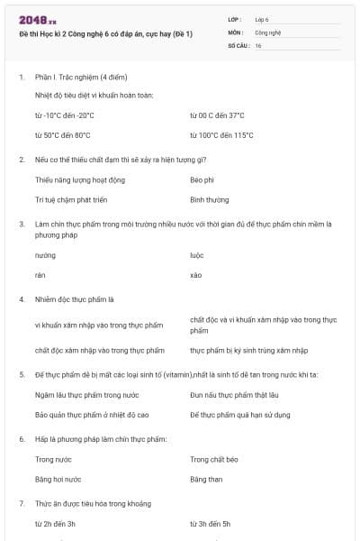 Đề thi Học kì 2 Công nghệ 6 có đáp án, cực hay (Đề 1)