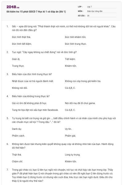 Đề kiểm tra 15 phút GDCD 7 Học kì 1 có đáp án (Đề 1)