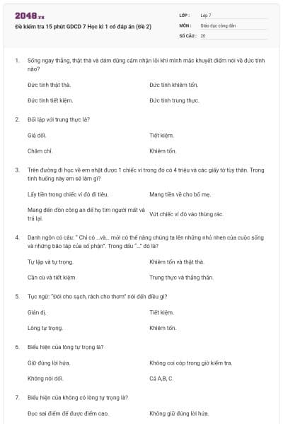 Đề kiểm tra 15 phút GDCD 7 Học kì 1 có đáp án (Đề 2)