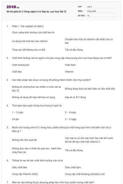 Đề thi giữa kì 2 Công nghệ 6 có đáp án, cực hay (Đề 3)