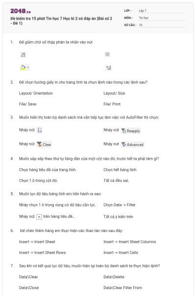 Đề kiểm tra 15 phút Tin học 7 Học kì 2 có đáp án (Bài số 2 - Đề 1)