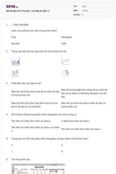 Đề thi Học kì 2 Tin học 7 có đáp án (Đề 1)