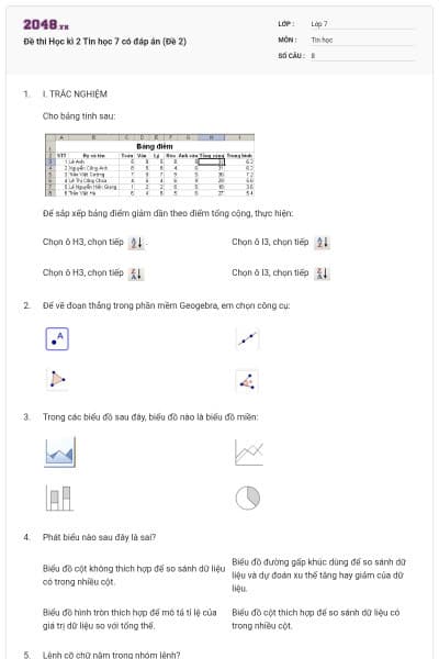 Đề thi Học kì 2 Tin học 7 có đáp án (Đề 2)