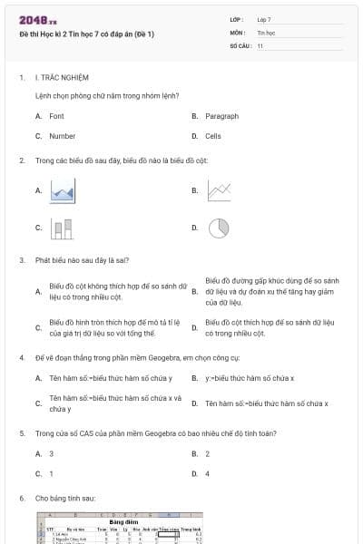 Đề thi Học kì 2 Tin học 7 có đáp án (Đề 1)