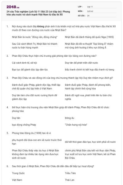 24 câu Trắc nghiệm Lịch Sử 11 Bài 23 (có đáp án): Phong trào yêu nước và cách mạnh Việt Nam từ đầu tk XX
