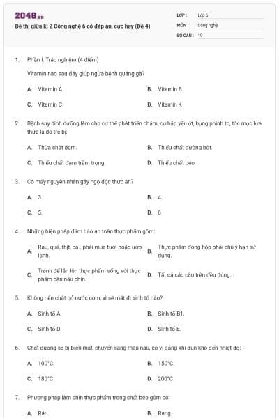 Đề thi giữa kì 2 Công nghệ 6 có đáp án, cực hay (Đề 4)