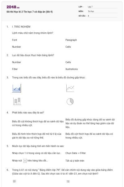 Đề thi Học kì 2 Tin học 7 có đáp án (Đề 4)