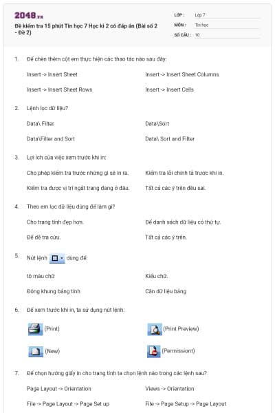 Đề kiểm tra 15 phút Tin học 7 Học kì 2 có đáp án (Bài số 2 - Đề 2)