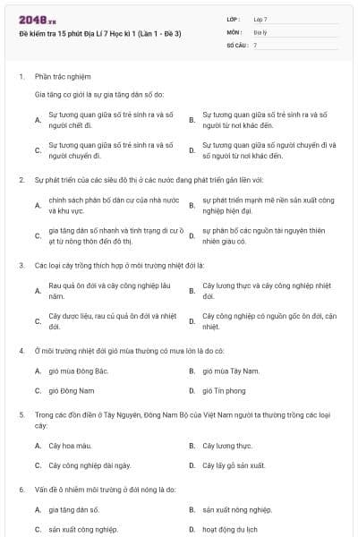 Đề kiểm tra 15 phút Địa Lí 7 Học kì 1 (Lần 1 - Đề 3)