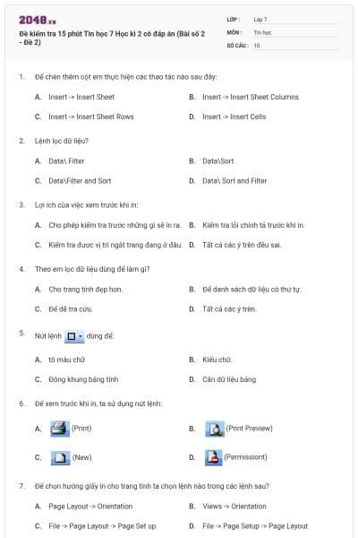 Đề kiểm tra 15 phút Tin học 7 Học kì 2 có đáp án (Bài số 2 - Đề 2)