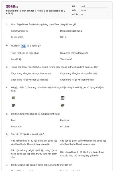 Đề kiểm tra 15 phút Tin học 7 Học kì 2 có đáp án (Bài số 2 - Đề 4)