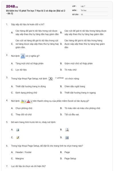 Đề kiểm tra 15 phút Tin học 7 Học kì 2 có đáp án (Bài số 2 - Đề 3)