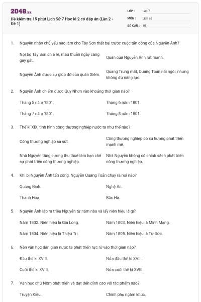 Đề kiểm tra 15 phút Lịch Sử 7 Học kì 2 có đáp án (Lần 2 - Đề 1)