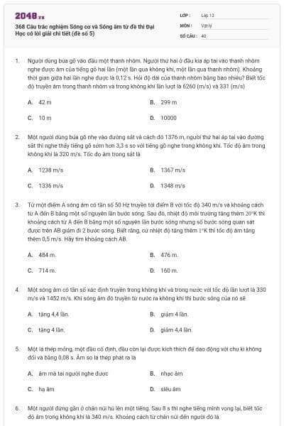 368 Câu trắc nghiệm Sóng cơ và Sóng âm từ đề thi Đại Học có lời giải chi tiết (đề số 5)