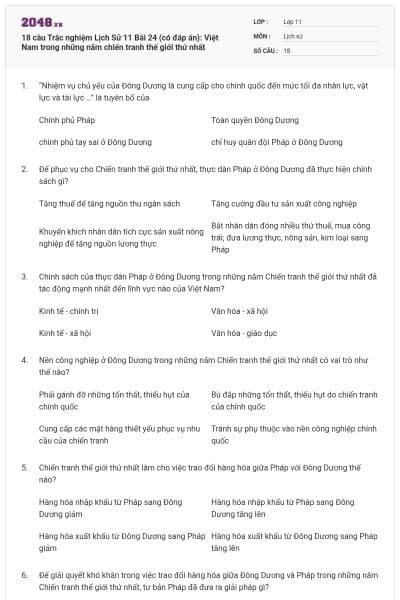 18 câu  Trắc nghiệm Lịch Sử 11 Bài 24 (có đáp án): Việt Nam trong những năm chiến tranh thế giới thứ nhất