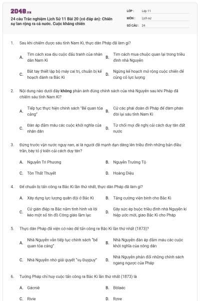 24 câu Trắc nghiệm Lịch Sử 11 Bài 20 (có đáp án): Chiến sự lan rộng ra cả nước. Cuộc kháng chiến