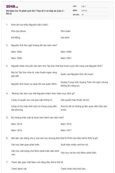 Đề kiểm tra 15 phút Lịch Sử 7 Học kì 2 có đáp án (Lần 2 - Đề 2)