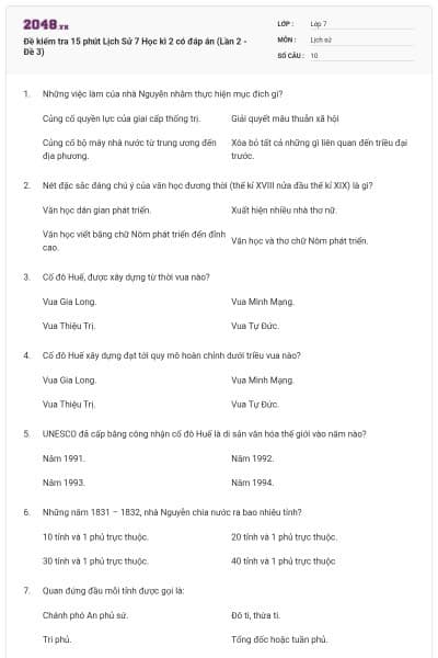 Đề kiểm tra 15 phút Lịch Sử 7 Học kì 2 có đáp án (Lần 2 - Đề 3)