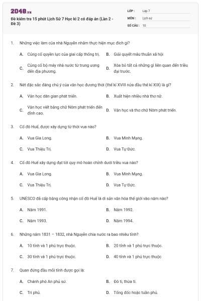 Đề kiểm tra 15 phút Lịch Sử 7 Học kì 2 có đáp án (Lần 2 - Đề 3)