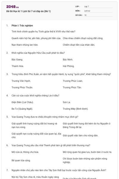 Đề thi Học kì 1 Lịch Sử 7 có đáp án (Đề 1)