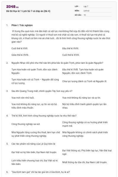 Đề thi Học kì 1 Lịch Sử 7 có đáp án (Đề 4)
